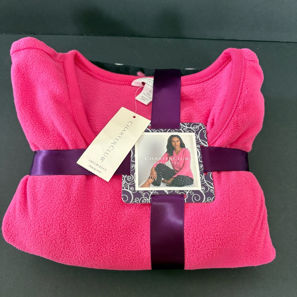 Charter Club Intimates Pink V-Neck Top Black Polka Dot Pants Fleece Pajama Set S
